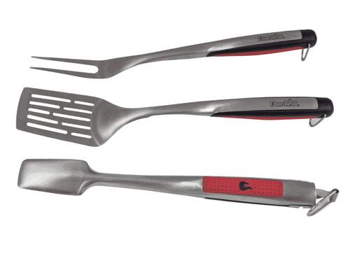 Char-Broil Comfort Grip 3 Piece BBQ Toolset, Stainless Steel Fork, Turner and Locking Tongs with Silicone Grips