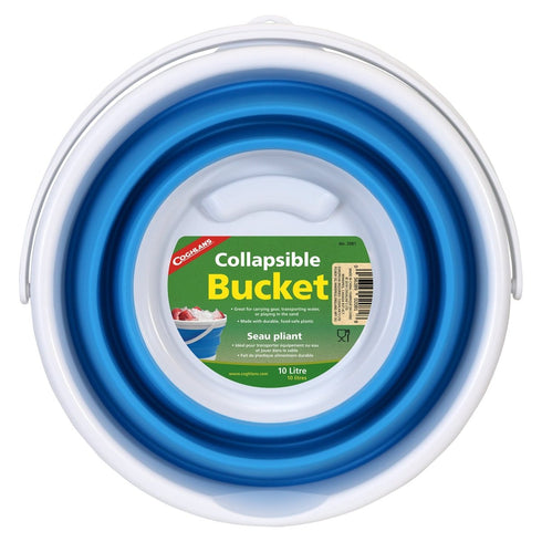 Coghlan's Collapsible Bucket (10L), a compact, lightweight, folding bucket for water collection and cleaning during camping.