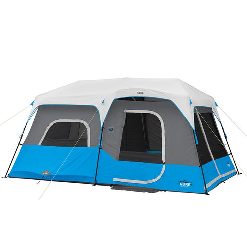 CORE 9 Person Lighted Instant Cabin Tent (14 x 9), a spacious family tent with built-in LED lighting for convenience.