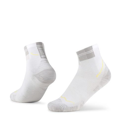 Buff CoolNet Quarter Socks White, front view on white