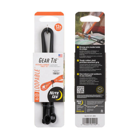 Nite Ize Gear Tie Loopable 12 in 2 pack, Black