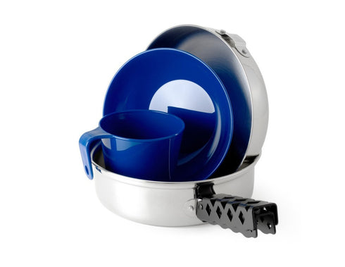 GSI Outdoors Glacier Stainless Steel Mess Kit, a complete, durable stainless steel dining set for individual campers.