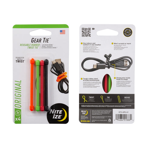 Nite Ize Gear Tie 3 in 4 pack, assorted colours
