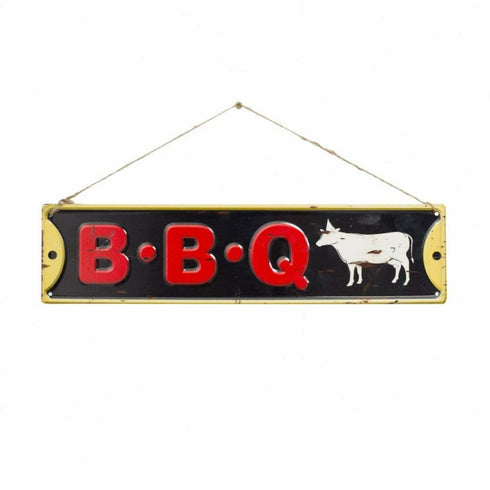 La Hacienda BBQ Wall Sign, Embossed Metal Hanging Sign for Garden, Grill Area, Garage and Outdoor Kitchen