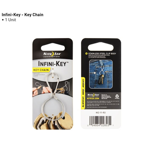 Nite Ize Infini-Key key chain in retail pack, front and back