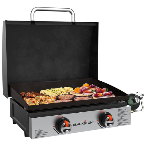 Blackstone 22 inch Tabletop Griddle stainless front, front view with hood