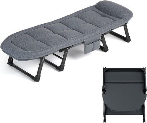 Procamp collapsible camping cot/bed, shown set up with a fabric surface and folding frame.