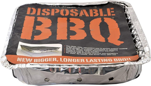 Procamp 700g disposable instant BBQ grill, shown in a foil tray pre-filled with charcoal ready for lighting.
