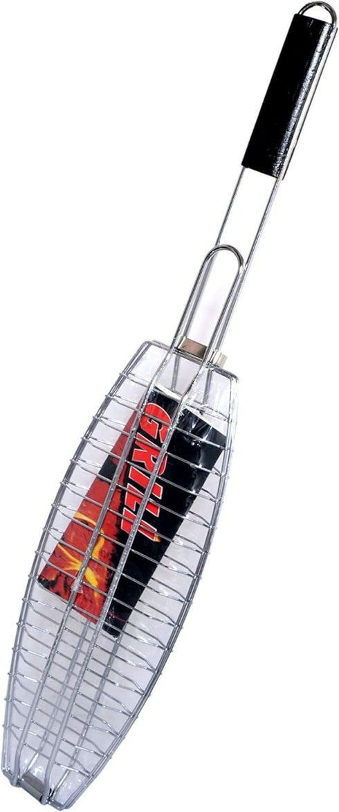 Procamp large stainless steel fish grill basket, designed to hold and securely cook whole fish on the BBQ.