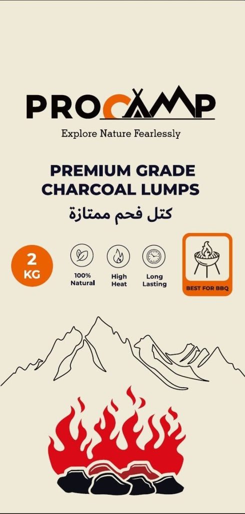 Procamp 4kg bag of premium lump charcoal, showing the naturally shaped pieces of wood fuel.