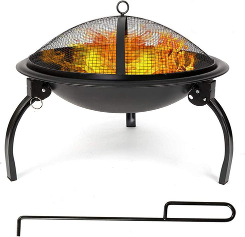 Procamp 53x53x30cm round folding steel fire pit, shown ready for use with logs inside.