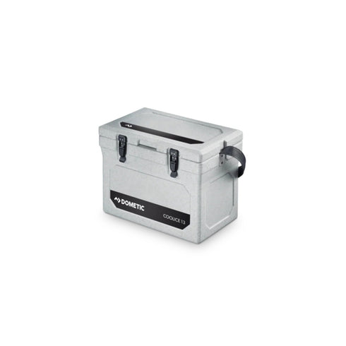 Dometic Cool-Ice WCI 13 passive icebox in Stone, front view with shoulder strap, White Stone