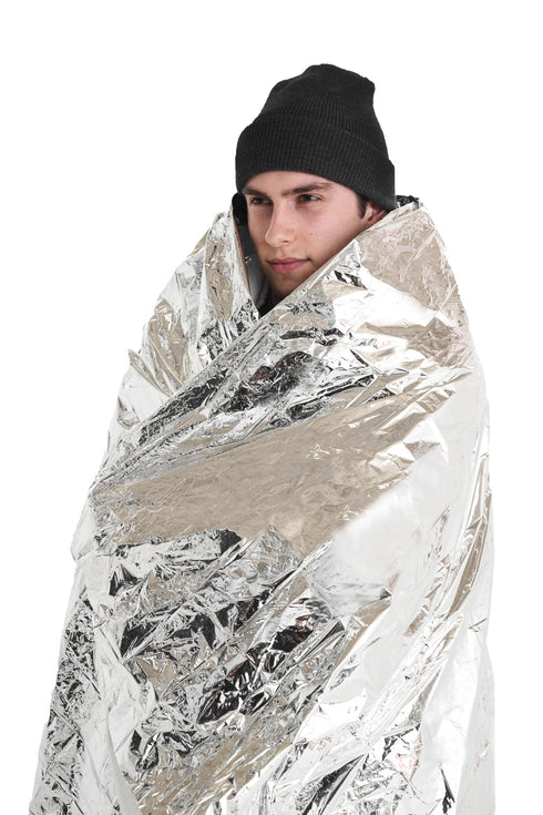 Coghlan's emergency blanket unfolded, silver reflective foil