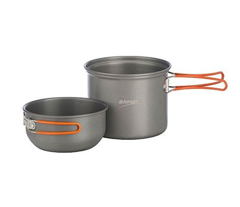 Vango 1-Person Anodised Cook Kit, a compact cooking solution with a folding handle for solo travel and backpacking.