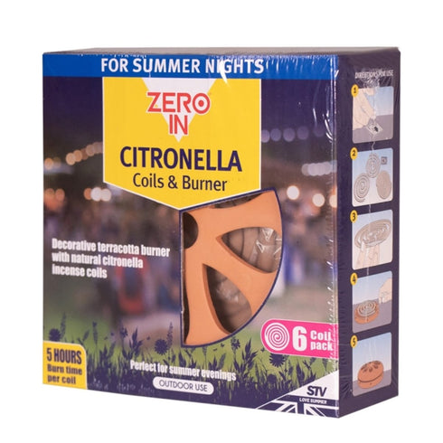 Zero In Citronella Coils and Burner, Terracotta Covered Coil Dish with 6 Natural Citronella Oil Coils