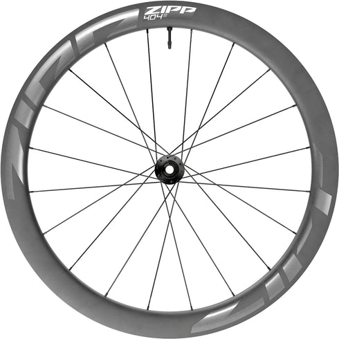 Zipp 404 S tubeless disc brake front wheel, dark grey decals, side view